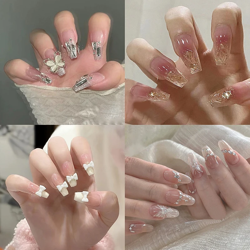 24 Uds uñas postizas simples con pegamento de gelatina diseño de mariposa gradiente rosa blanco prensa francesa en uñas postizas cobertura completa puntas de uñas
