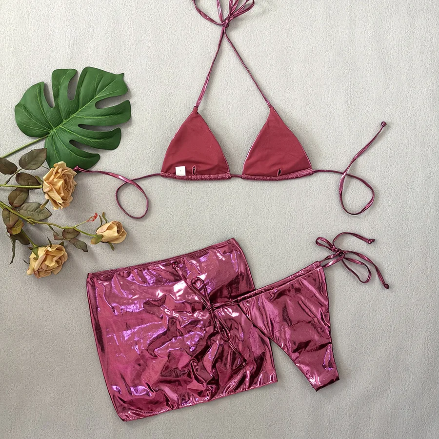 Conjunto de biquíni metálico brilhante de 3 peças feminino com cobertura sexy micro tanga maiô feminino cordão halter roupa de banho beachwear