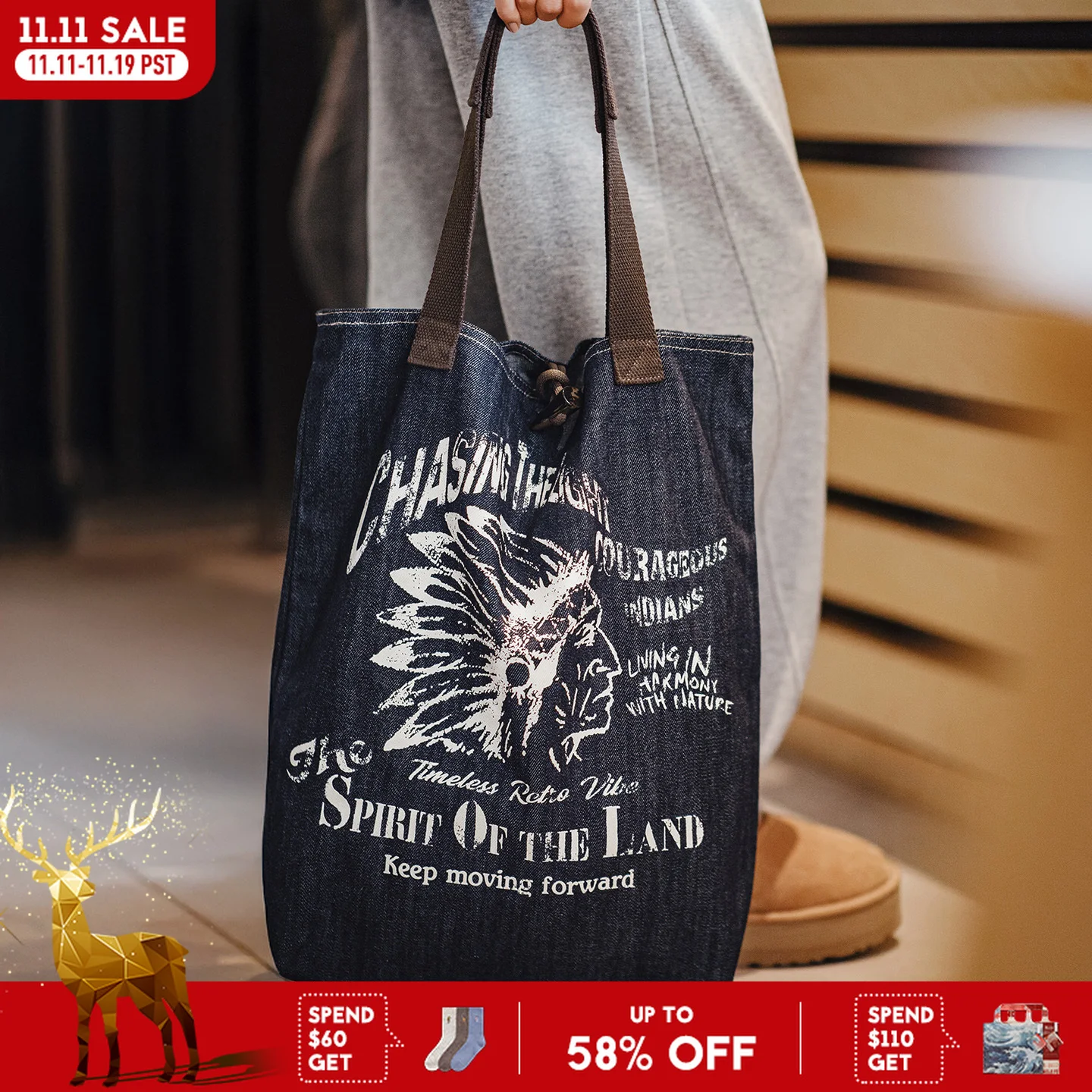 

Женская джинсовая сумка Maden в винтажном стиле, большая повседневная сумка-тоут на плечо с принтом индейского тотема, декоративной роговой застёжкой и эффектом варки, синий цвет, лёгкая и удобная