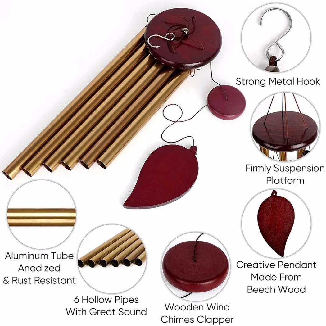 

Metal Wind Chimes Gold Silver 6 Tubes Wind Chimes With Wooden Pendant Wedding Home Garden Decor Hanging Ornament Creative Gift