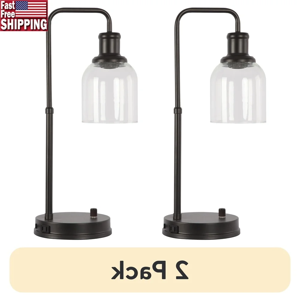 

Antique Bronze Desk Lamp 2 Pack with AC Outlet Glass Shade Home Office Vintage Bulb Compatible Farmhouse Style Lighting