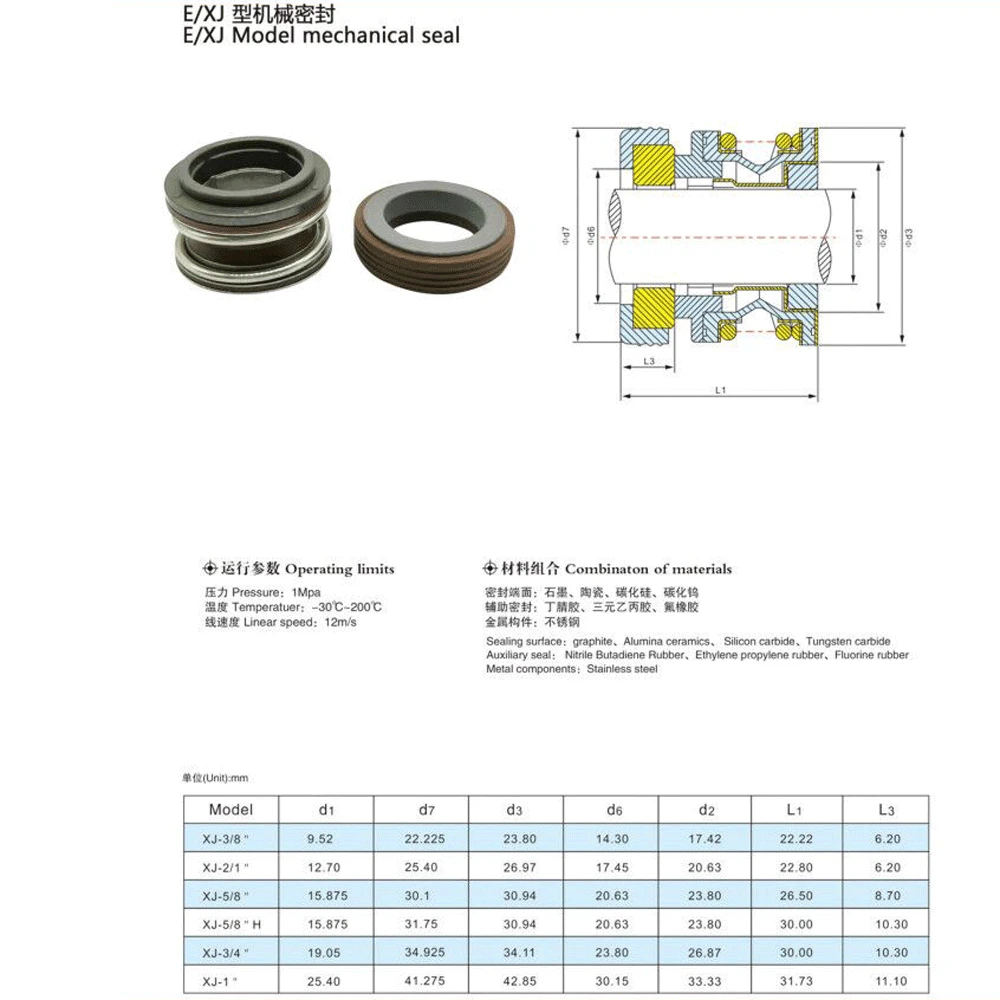 CE-CA-NBR Or SiC-CA-FKM XJ-13/16/19/25mm Diameter Mechanical Shaft Seal Single Spring For Water Pump