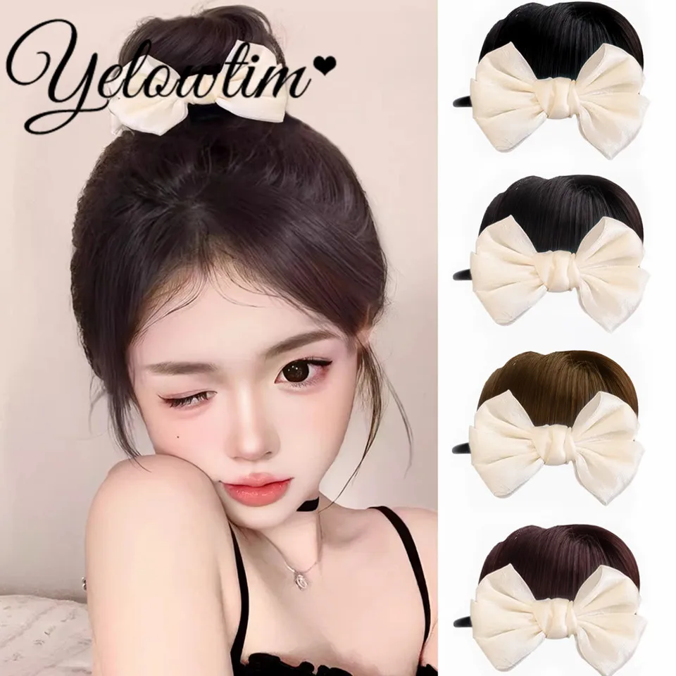 YELOWTIM Synthetic bow Hair Bun Chignon Messy Curly Hair Band Elastic Scrunchy False Hair Pieces For Women Hairpins Black Brown