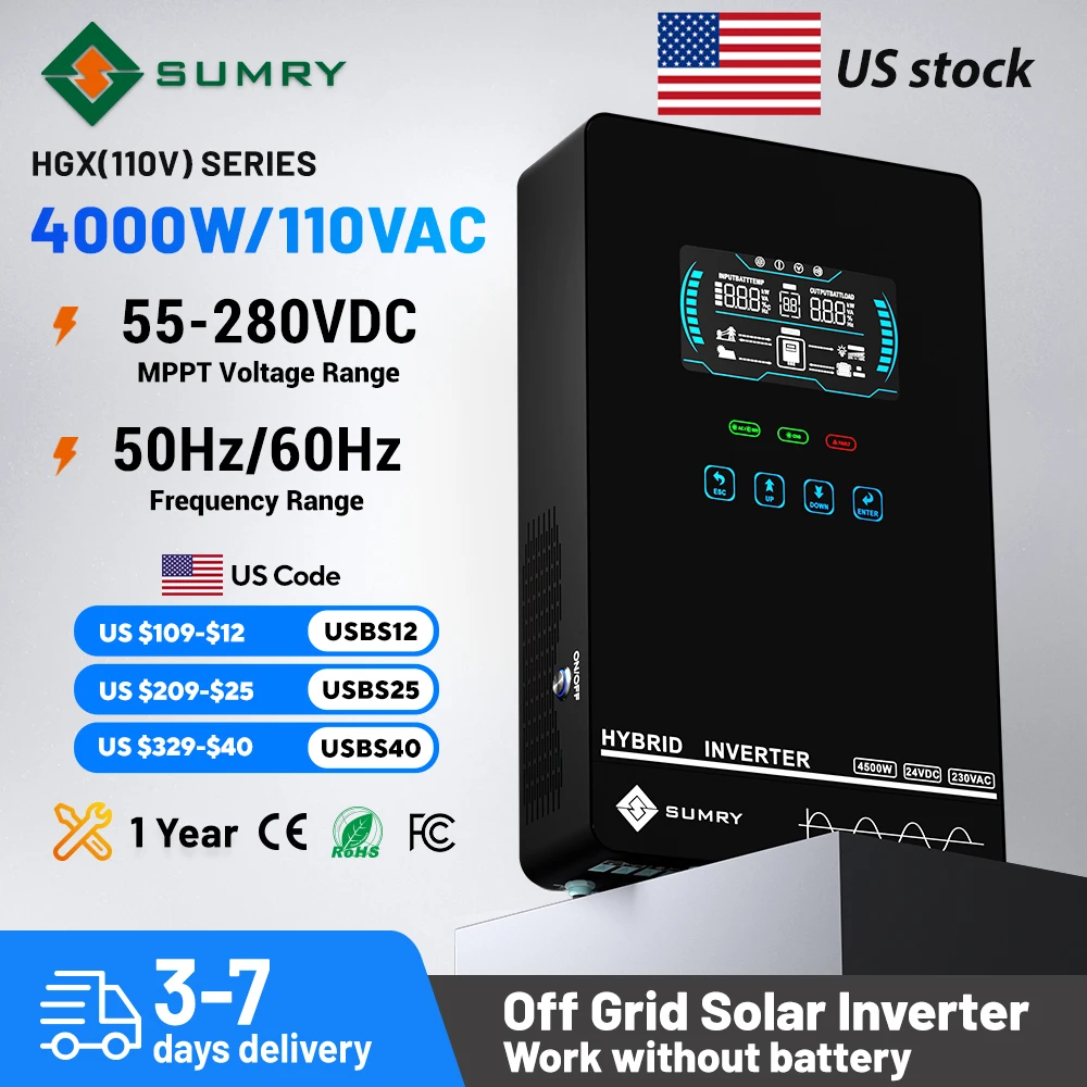 Sumry 4KW 120V Off Grid Solar Inverter 24V 140A 5600W MPPT Charger Pure Sine Wave Home Inverter 6.25 Inch LCD Display