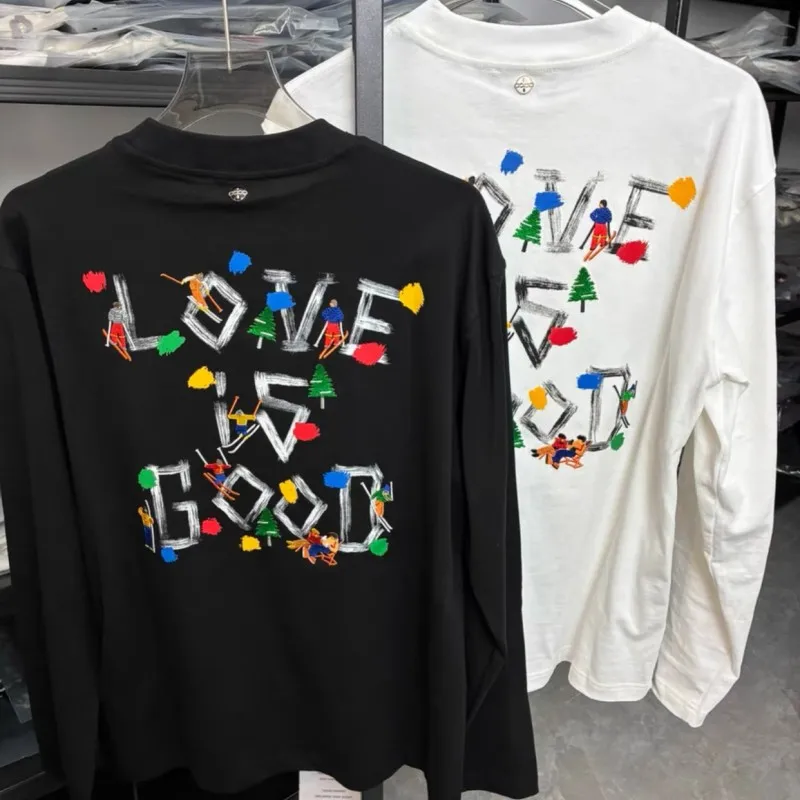 Casual White Black Breathable GOODBRAND Tshirts Graffiti Color Block Letter Embroidery Skiing Figurine Round Neck Long Sleeve