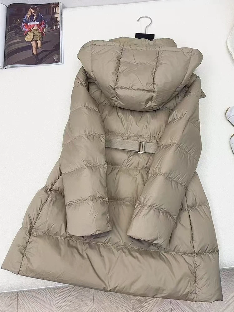 Designer zipper windproof hooded strap waist mid-length down jacket 2024 winter women's new fashion thickened warm down jacket