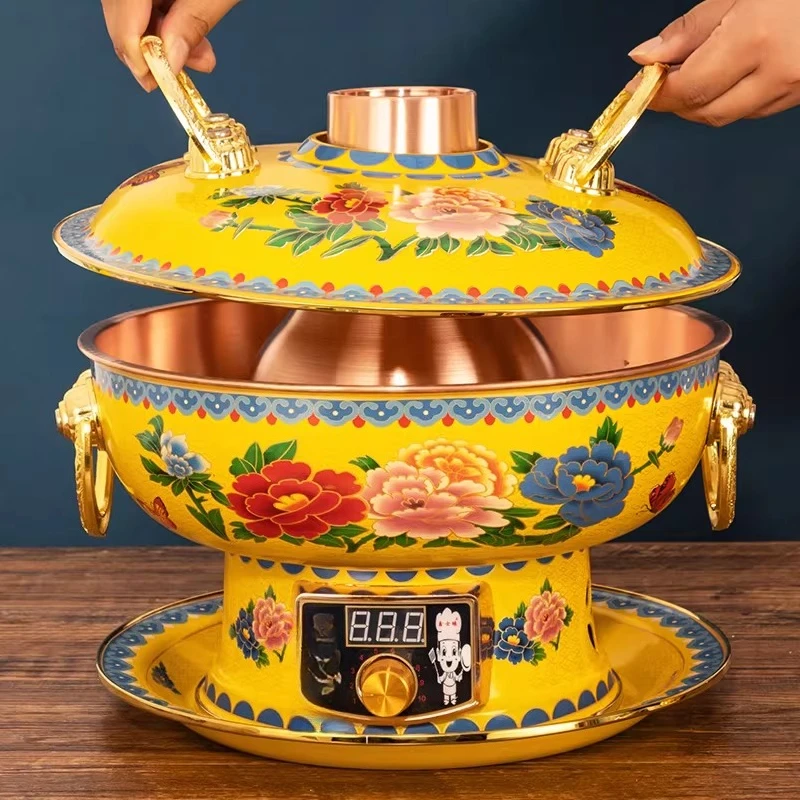 Olla Caliente de Cobre, Enchufable, Vintage, Esmaltada, de Carbón, con Diseño de Pato Mandarín, Eléctrica, de Carbón, Doble Uso, Estilo Pekinés Antiguo