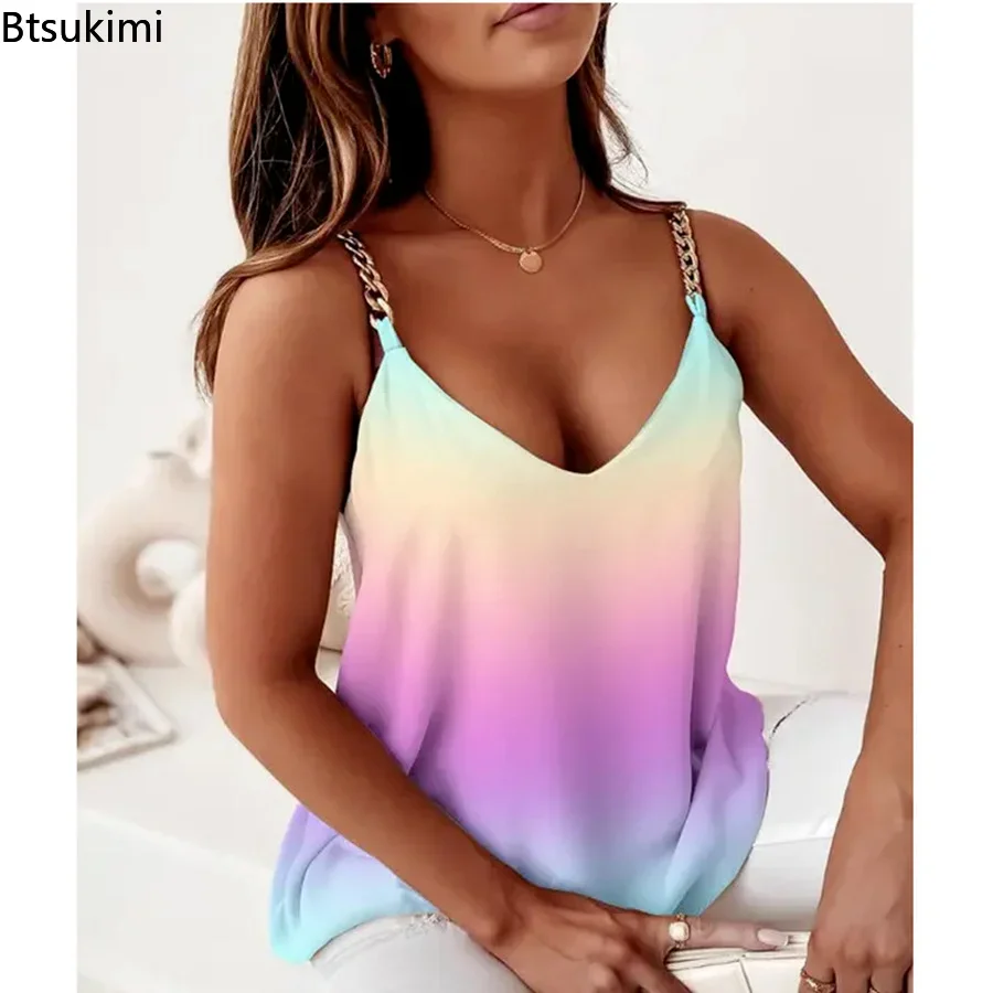 Camisetas estampadas de verano para mujer, Blusa holgada básica con tirantes, ajustada, sin mangas, con cadena