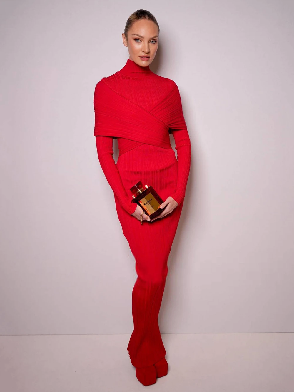 Modphy Sexy Red Bandage Dress Women Turtleneck Long Sleeves Fold Design Bodycon Dress Cross Criss Women Maxi Vestidos