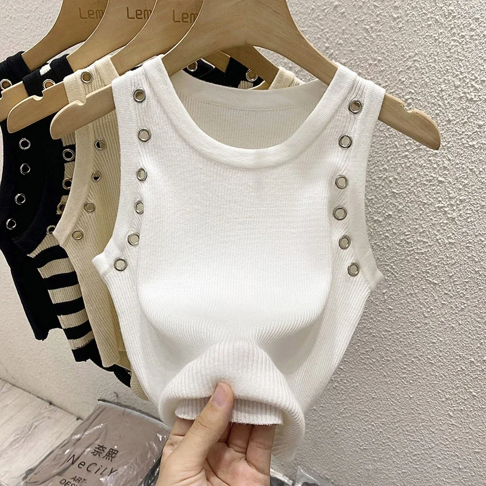 

Pop Korea Knitted Vests Women Top Solid Tank Blusas Mujer De Moda Summer New Fashion Female Sleeveless Metal Casual Thin Tops