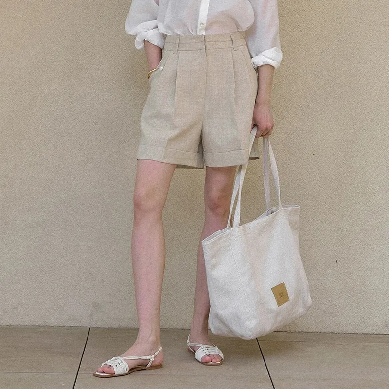 100% linnen shorts dames klassiek veelzijdig zomer nieuwe hoge taille dunne casual broek dubbele zijzakken wijde pijpen broek