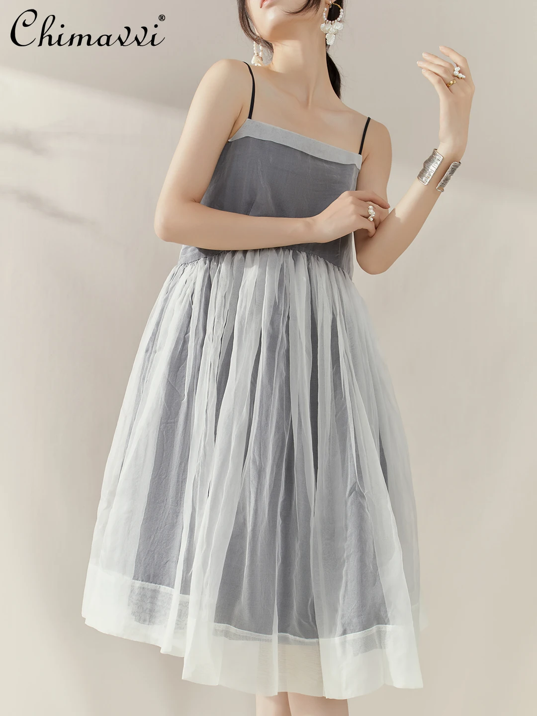 

French Elegant Fashion Casual Sling Dress Sleeveless Backless Lace-up Bow Mesh Spliced High Waist A-line Grey Dress Women Summer