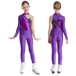 Kids Girls Figure Skating Jumpsuit Rhythmic Gymnastics Ballet Dance Leotard Bodysuit Long Sleeve Mesh Stage Performance Costumes