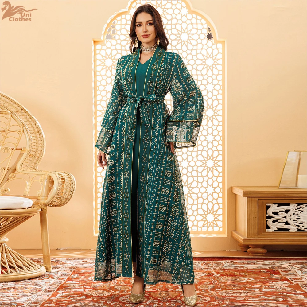 Uni Ramadan Muslim Mesh Stripe Embroidery Abaya Two Piece Set Dubai Stylish Maxi Dress Belt included Double-Layer Sleeve