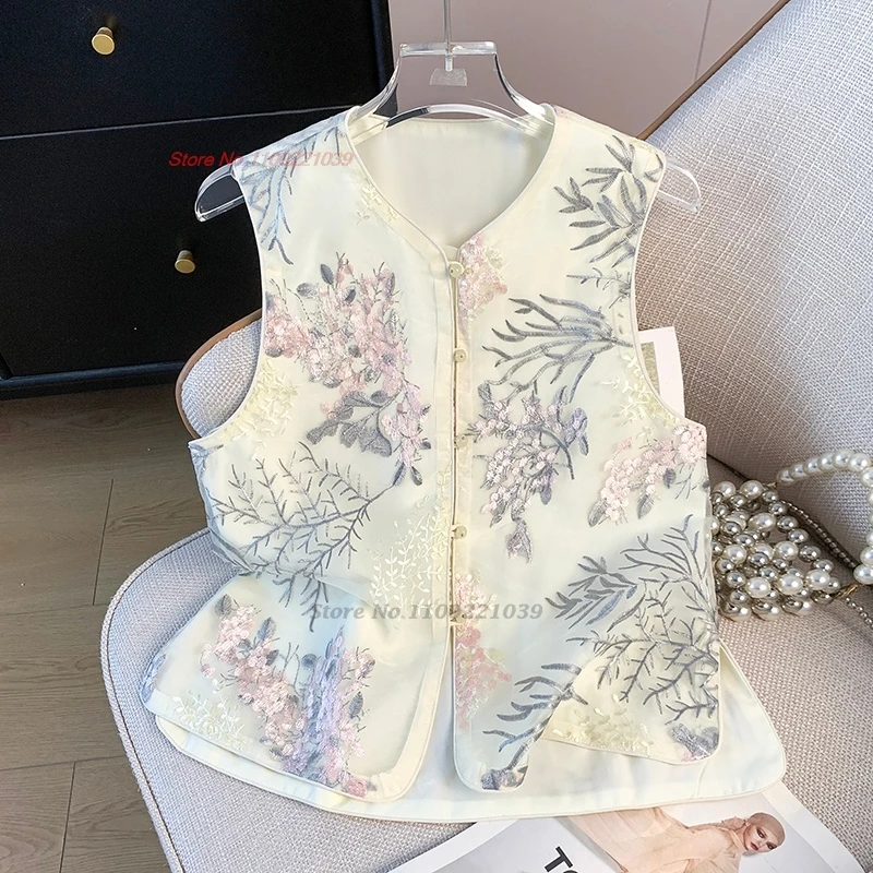 

2025 chinese vintage hanfu tops national flower embroidery ethnic vest oriental v-neck folk lace vest retro sleeveless jacket