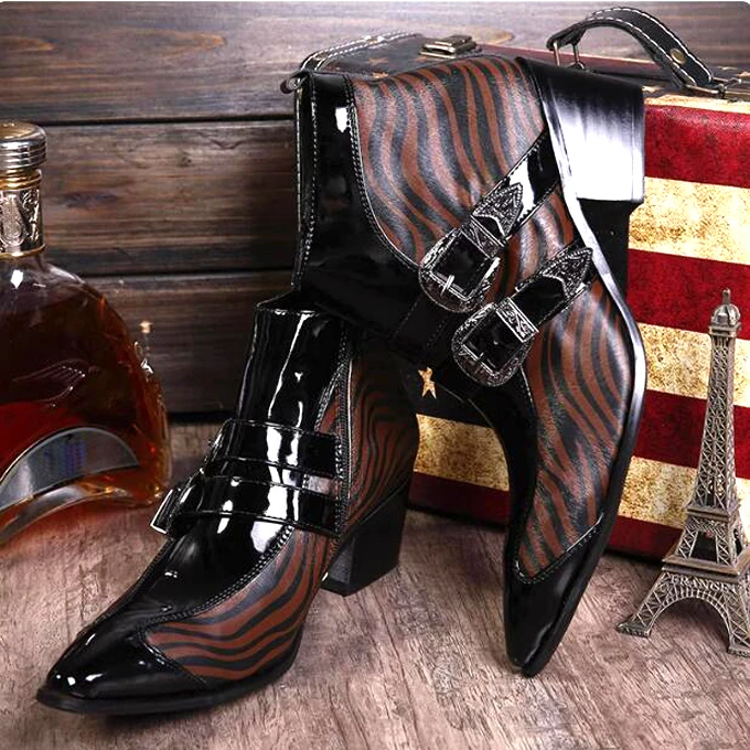 Black Patent Leather Belt Buckles White Brown Zebra Horsehair Mixed Color Increasing Square Heel Ankle Boots Man Short Boots