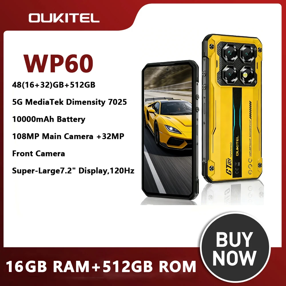 OUKITEL WP60 Rugged Phone 5G 10000mAh,7.2”HD+ 120Hz Display,48GB(16+32) +512GB MTK 7025,108MP Camera, NFC,Android 15 Smartphone