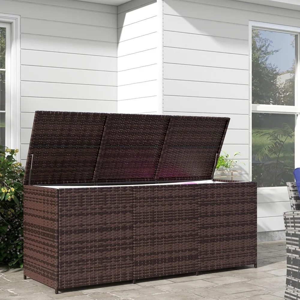 175 Gallon Outdoor Storage Box with Inner Liner, PE Rattan Wicker Deck Box with Pneumatic Bar Lift for Indoor & Outdoor
