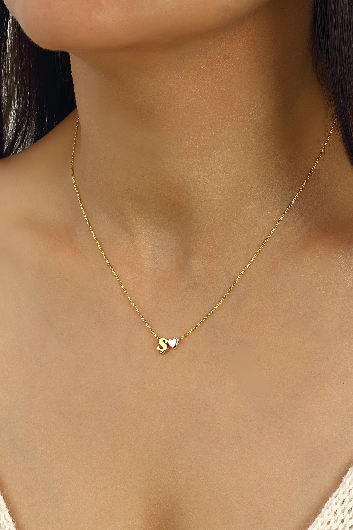 Gold Plated Silver S with Dot Letter with Heart Pendant Necklace