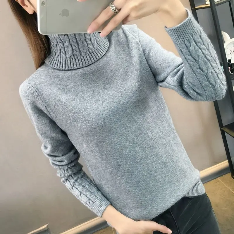 Women\'s Clothing Solid Color Pullover Long Sleeve Turtleneck Paisley Sweater Knitted Casual Fashionable Autumn Winter Tops