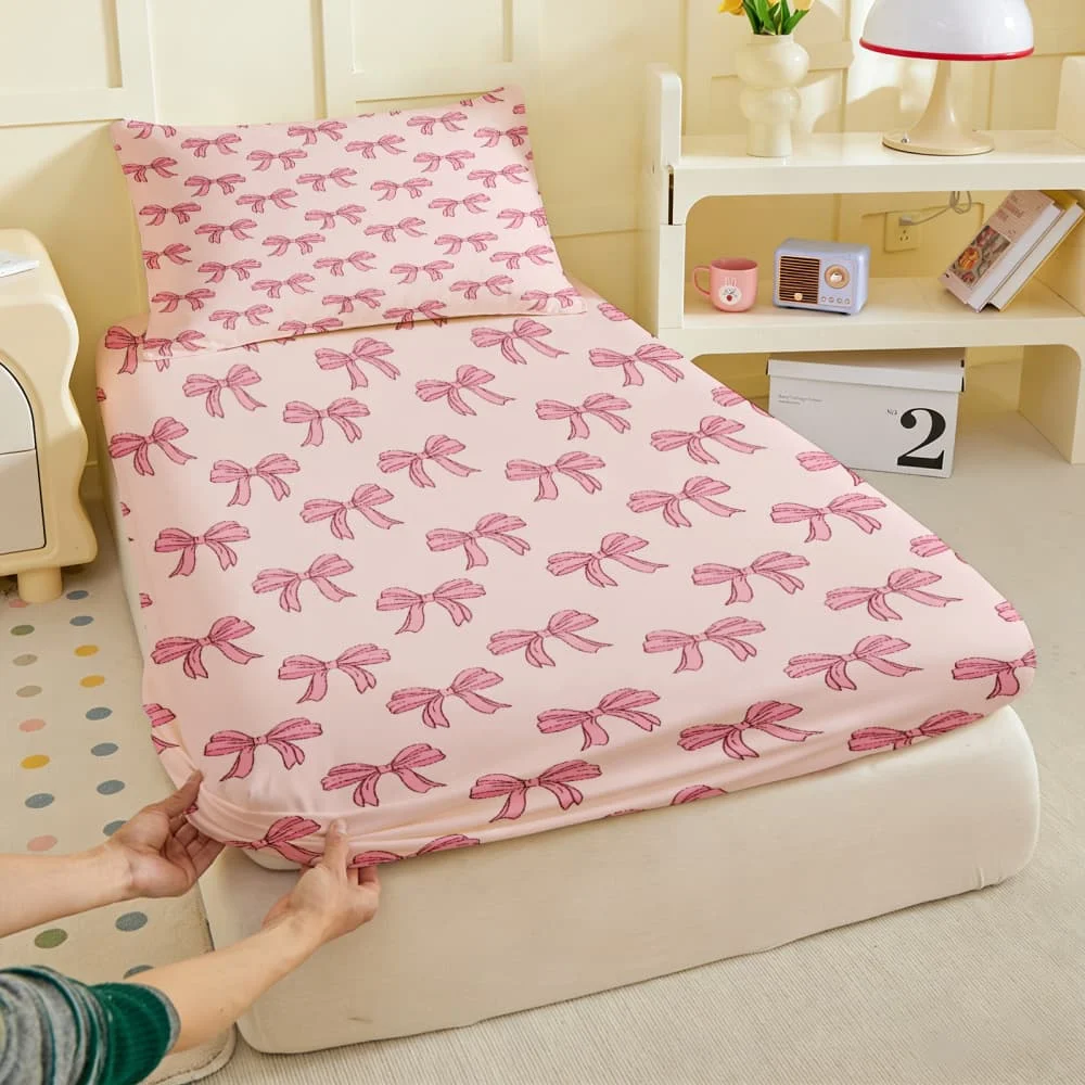 1pc Light Pink Bow Print Fitted Sheet Deep Pocket Elastic Mattress Cover Single Double Queen King Bedroom Decor