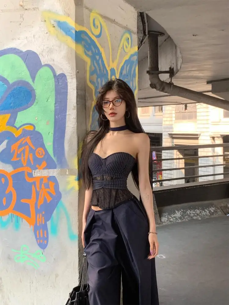 Atasan Tanpa Tali Tanpa Lengan Seksi Ramping Renda Tambal Sulam Bergaris Biru Wanita Musim Panas dan Celana Panjang Kaki Lebar Pinggang Tinggi Set Dua Potong 2025