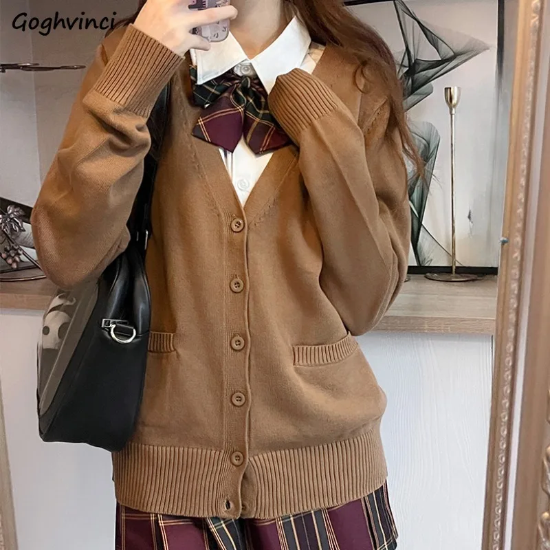 

Cardigans Women Button-up Japan Style Students Long Sleeve Knitted Sweaters Loose All-match Autumn Winter Solid Color Pockets