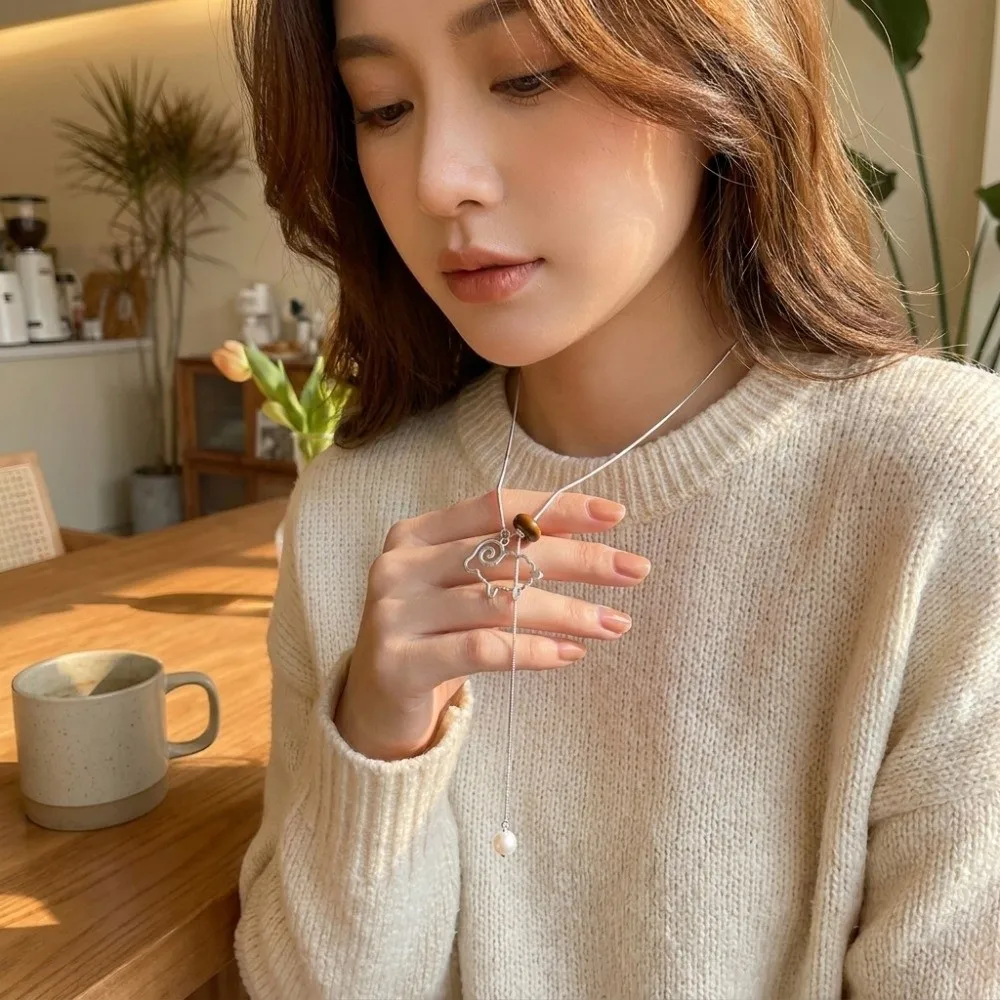 Cute Alloy Sheep Pendant Necklace Hollow Y-Shaped Sweater Chain Tiger Eye Stone Irregular New Year Long Necklace Daily Wear
