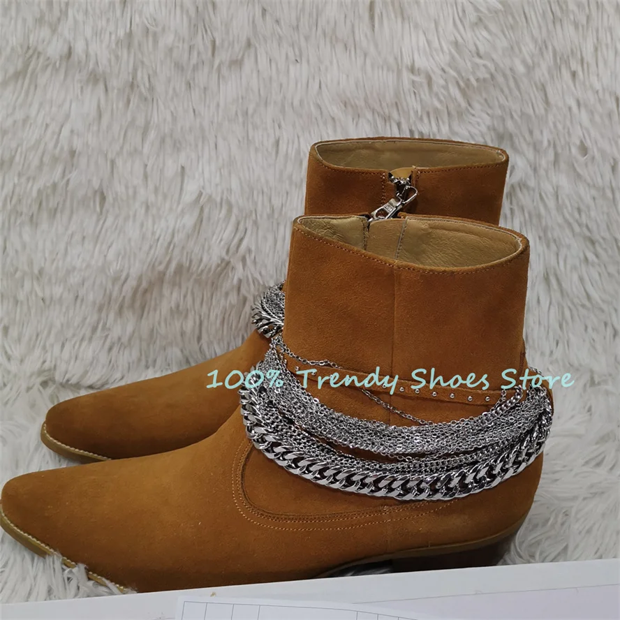Botas Chelsea con cremallera y decoración de cadena de Metal a la moda para hombre, botas de cuero genuino con punta estrecha y tacón grueso, botas de vaquero del oeste para hombre