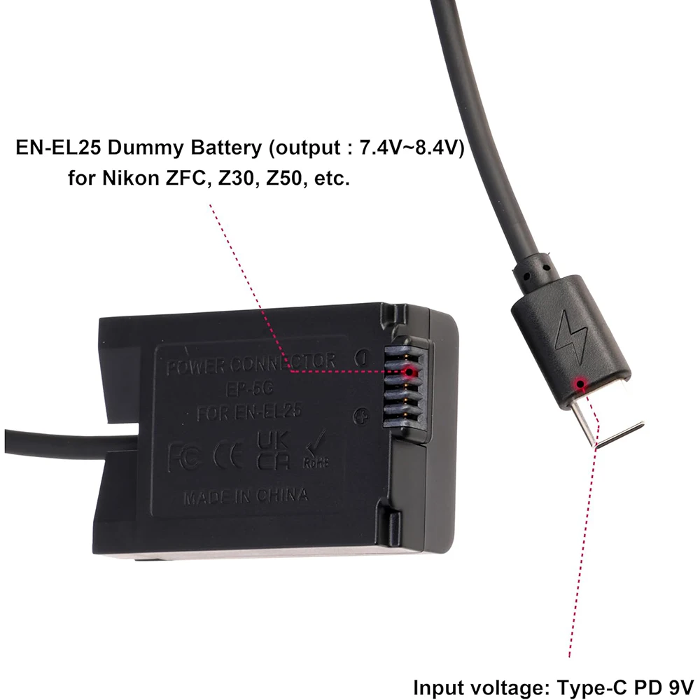 FOTGA USB Type-C Connector to EN-EL25 Dummy Battery Power Adapter for Nikon ZFC Z30 Z50 For Camera Monitor Wireless Transmitter