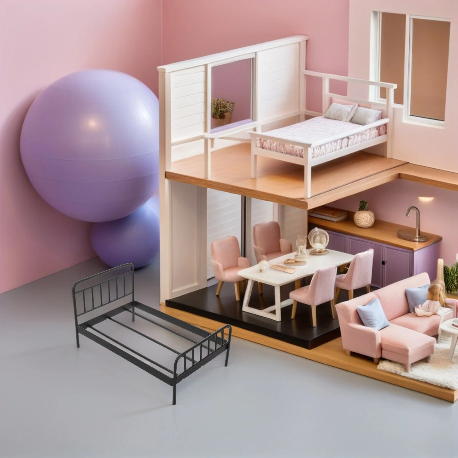 Berceau Miniature en fer pour maison de poupée, petit lit en métal, meubles de chambre à petite échelle, décor réaliste pour jeu de simulation, noir