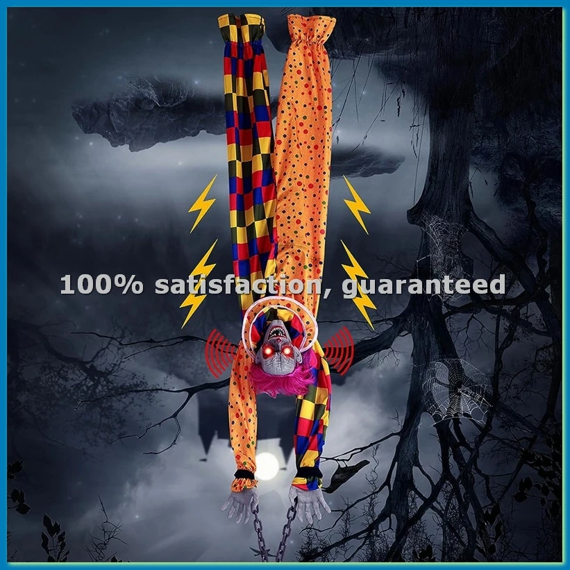 5.6 Ft Halloween Hanging Animated Talking & Shaking Scary Clown with Chain, Touch Activated for Halloween Decor-AT35