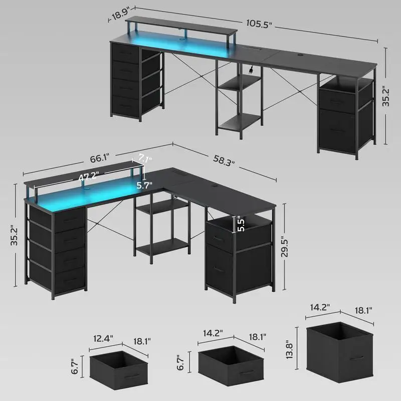 リバーシブルL字型コンピューターデスク、ファイル引き出し、電源コンセント、LEDライト付き、ホームオフィス用