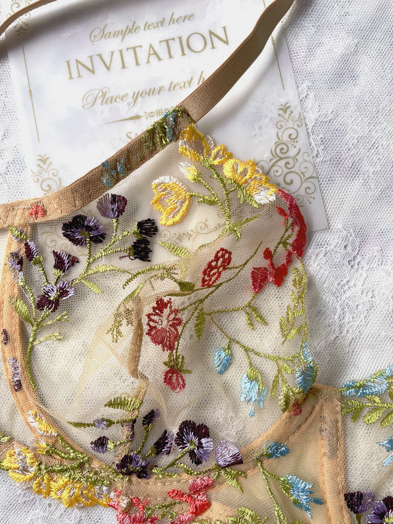 Floral Embroidery Lingerie Set Women Sheer 2-Piece Boho Bra + Panty Underwear Set Intimates