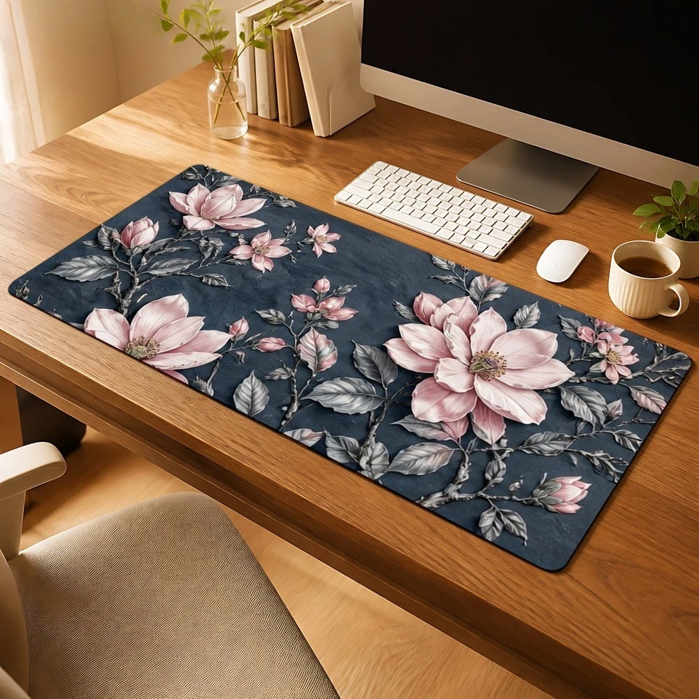 Tapis de souris à motif de fleur de magnolia rose avec design antidérapant, accessoire de décoration de bureau, tapis de souris alfombrillas gaming