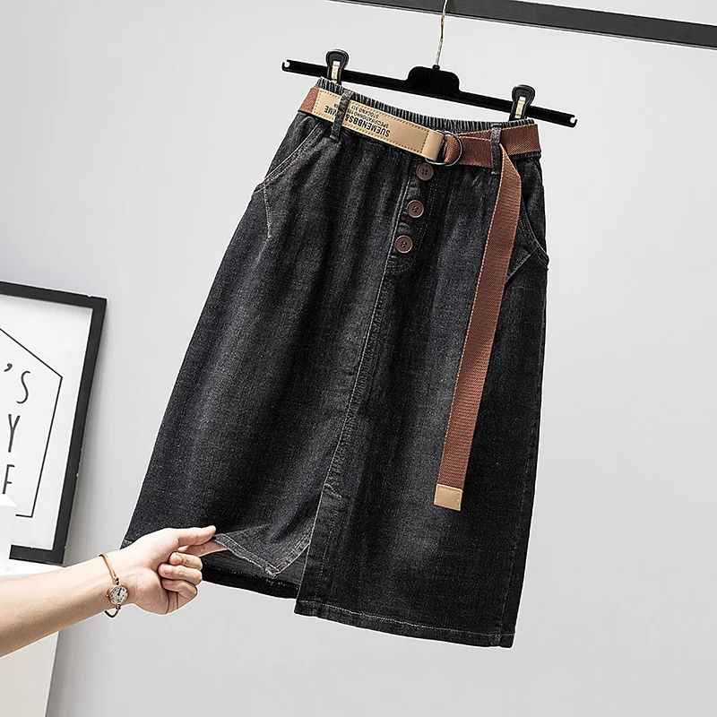 Women Denim Skirts Large Size Elastic Waist Mid Length Jean Skirt Spring Summer Solid Color Office Lady Faldas