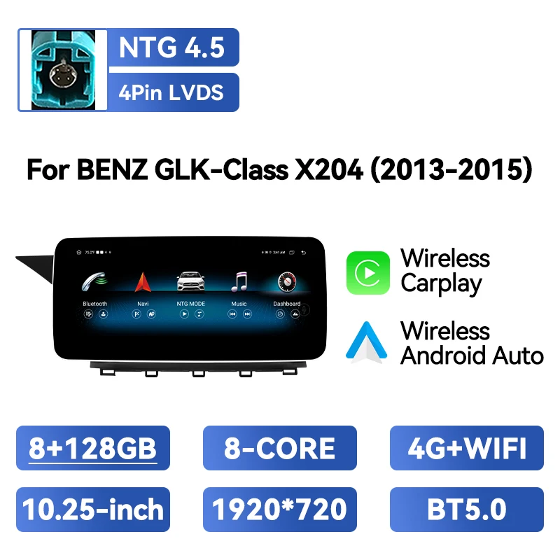 8-Core Android 14 autoradio voor Mercedes Benz GLK X204 2008-2015 8GB+128GB IPS draadloze CarPlay Android Auto 4G GPS multimedia
