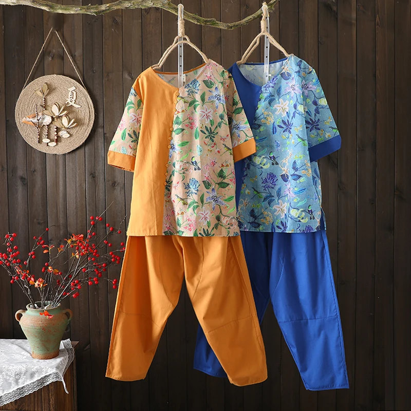 

Модные хлопковые и льняные брюки Харлан с семью точками и футболка с ор-Sve, круглый свободный крой с цветным принтом Ne Splice