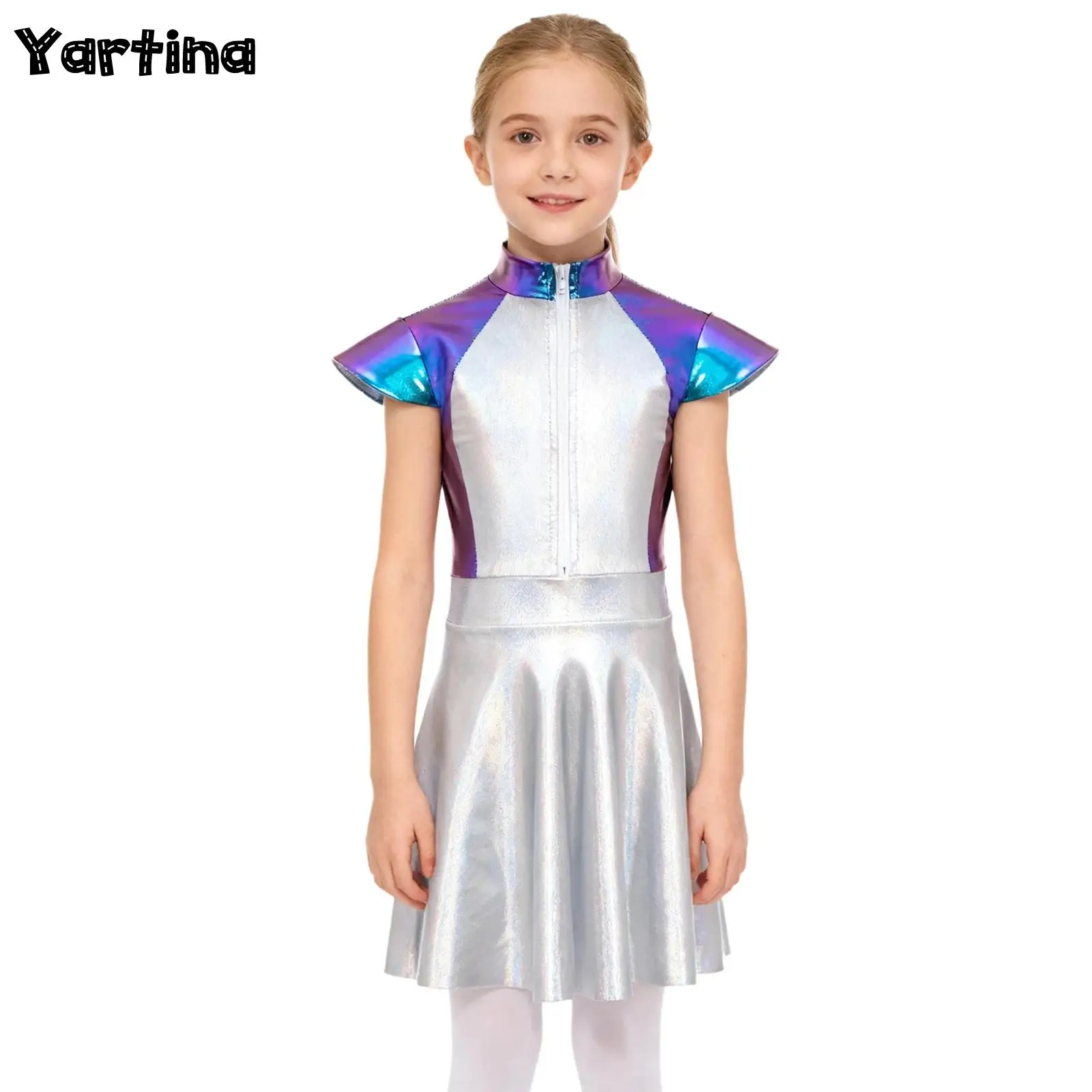 

Girls Alien Space Cadet Carnival Cosplay Costume Cap Sleeves Front Zip A-line Robot Dress Outer Space Cutie Halloween Outfits