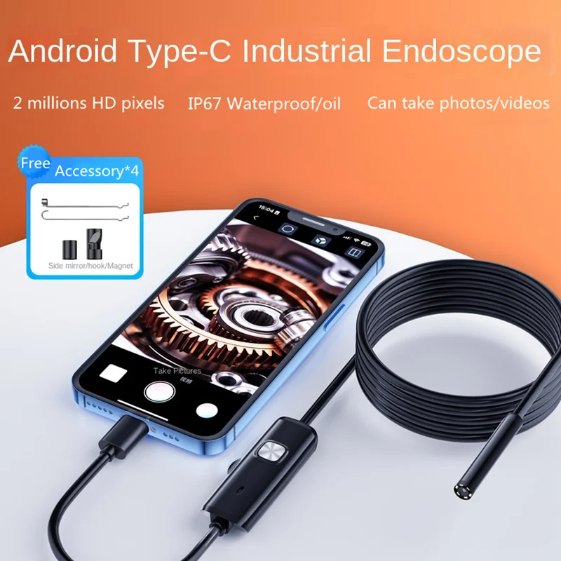 Android System Endoscope Camera TYPE-C Waterproof Soft Flexible Inspection Borescope Cameras for Phone PC Mobile 7.0mm 2 Millons
