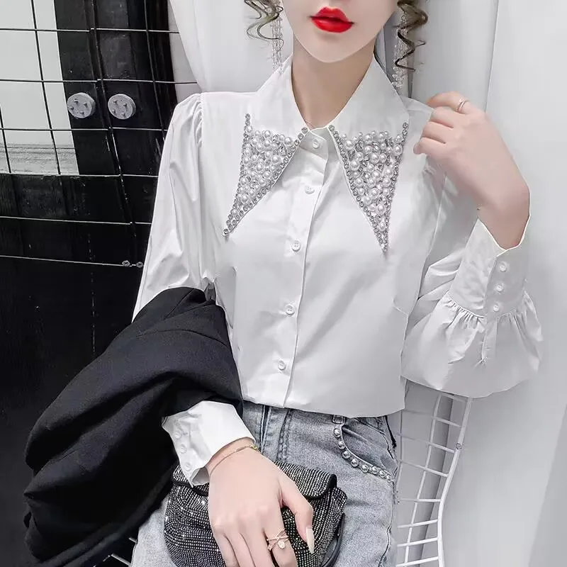 New Spring Summer Women Clothing Beading Doll Collar Shirt 2024 Vintage Blouse Women Longsleeve Dress Shirt Size Woman Overshirt