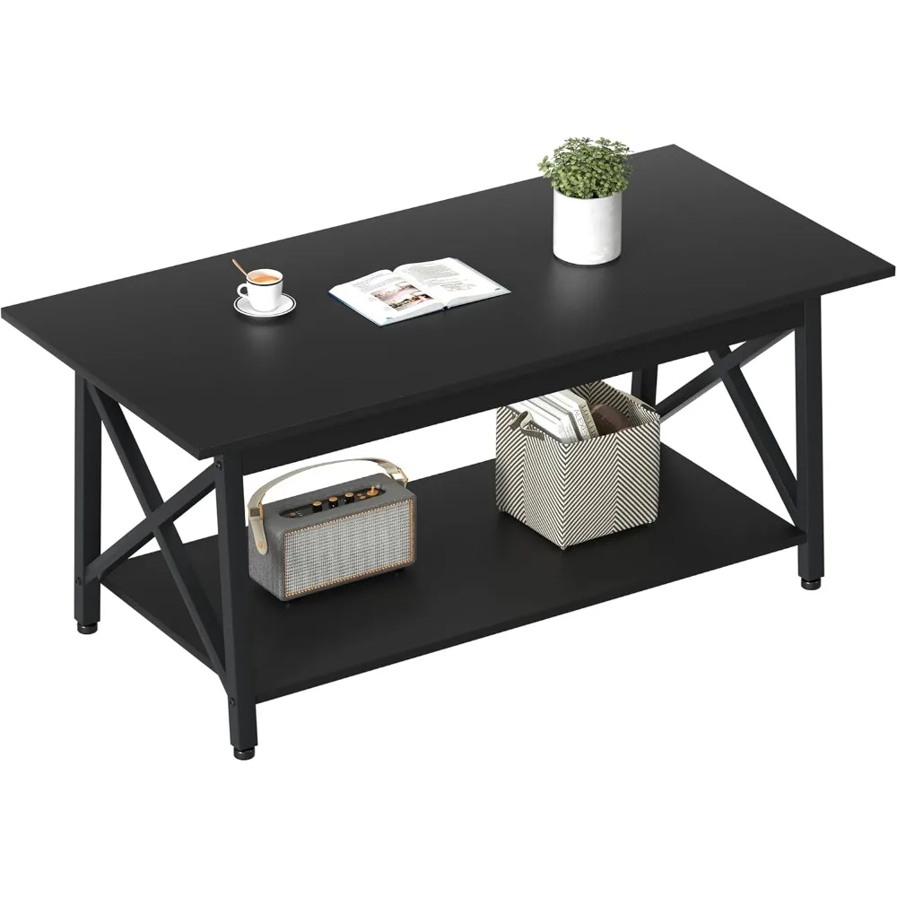 

Black Coffee Table with Storage Shelf 39 inch, 2 Tier Rectangular Center Table for Living Room,Modern Farmhouse Small Table for