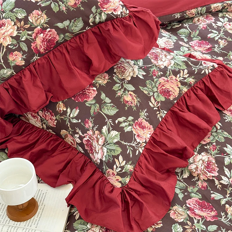 Red Rose Cotton Bed Skirt,Bedding Set, Duvet Cover, Linen Fitted Sheet, Pillowcases, Home Textile