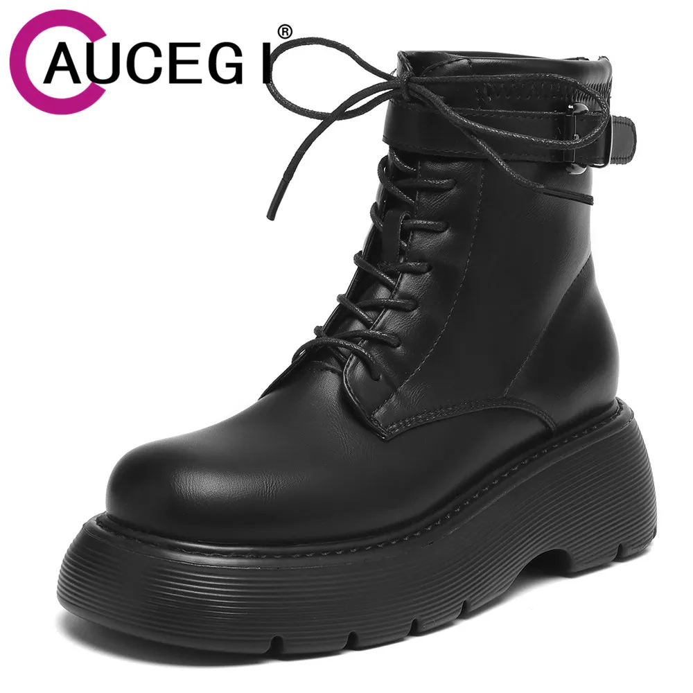 

Aucegi Autumn Winter Genuine Leather Classics Round Toe Ankle Boots Lace Up Back Zipper Thick Heels Daily Life Casual Shoes