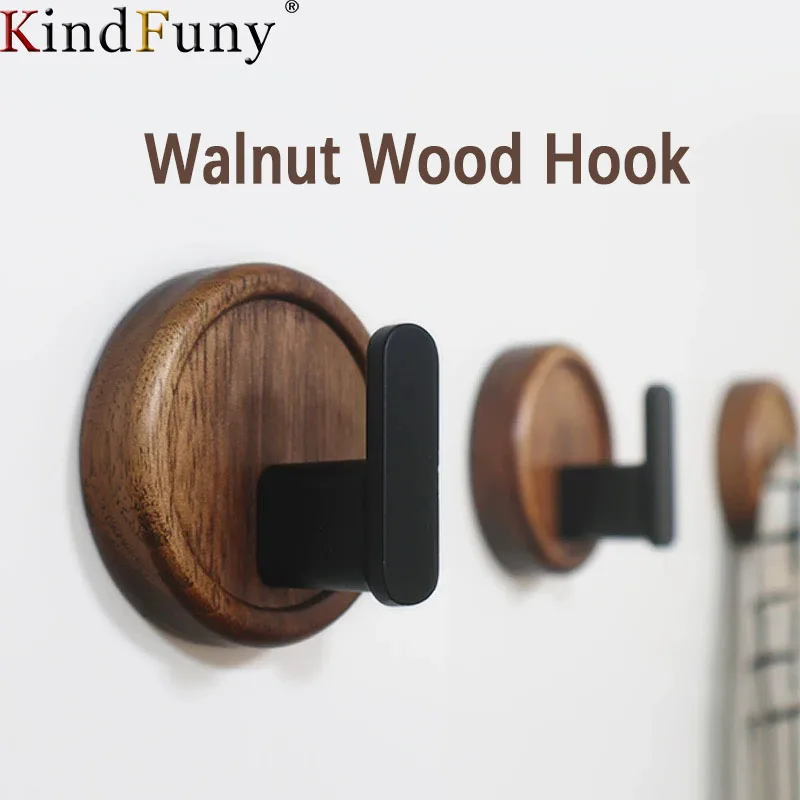 

No Drilling Walnut Wood Coat Rack Hooks Black Wall Hangers for Hanging Keys Wooden Towel Hook Bathroom Accessories