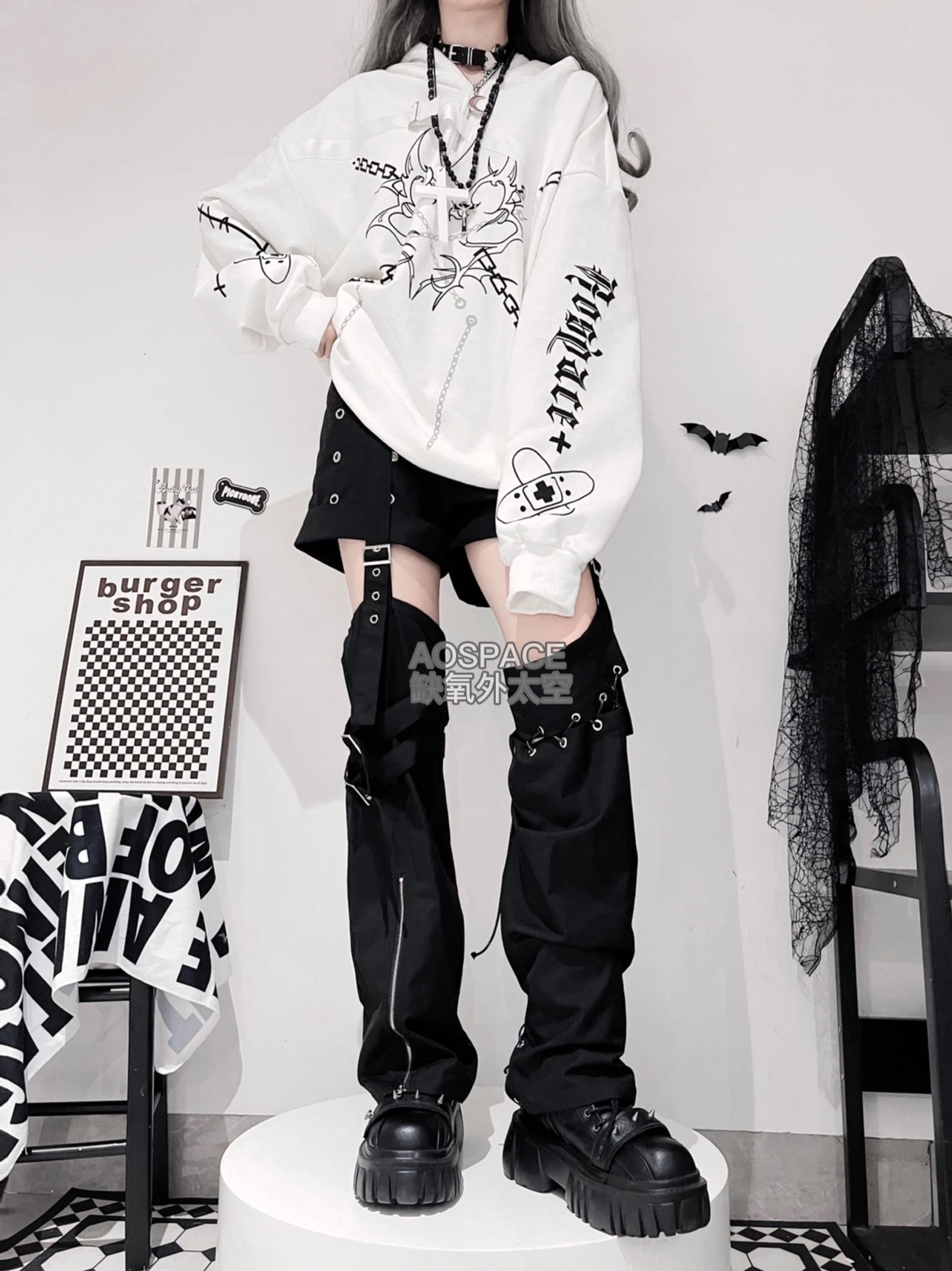 Original Subculture Black Sweet Cool Hooded Hoodies Autumn and Winter New Student Gothic Punk Street Clothing Y2k Printing Top