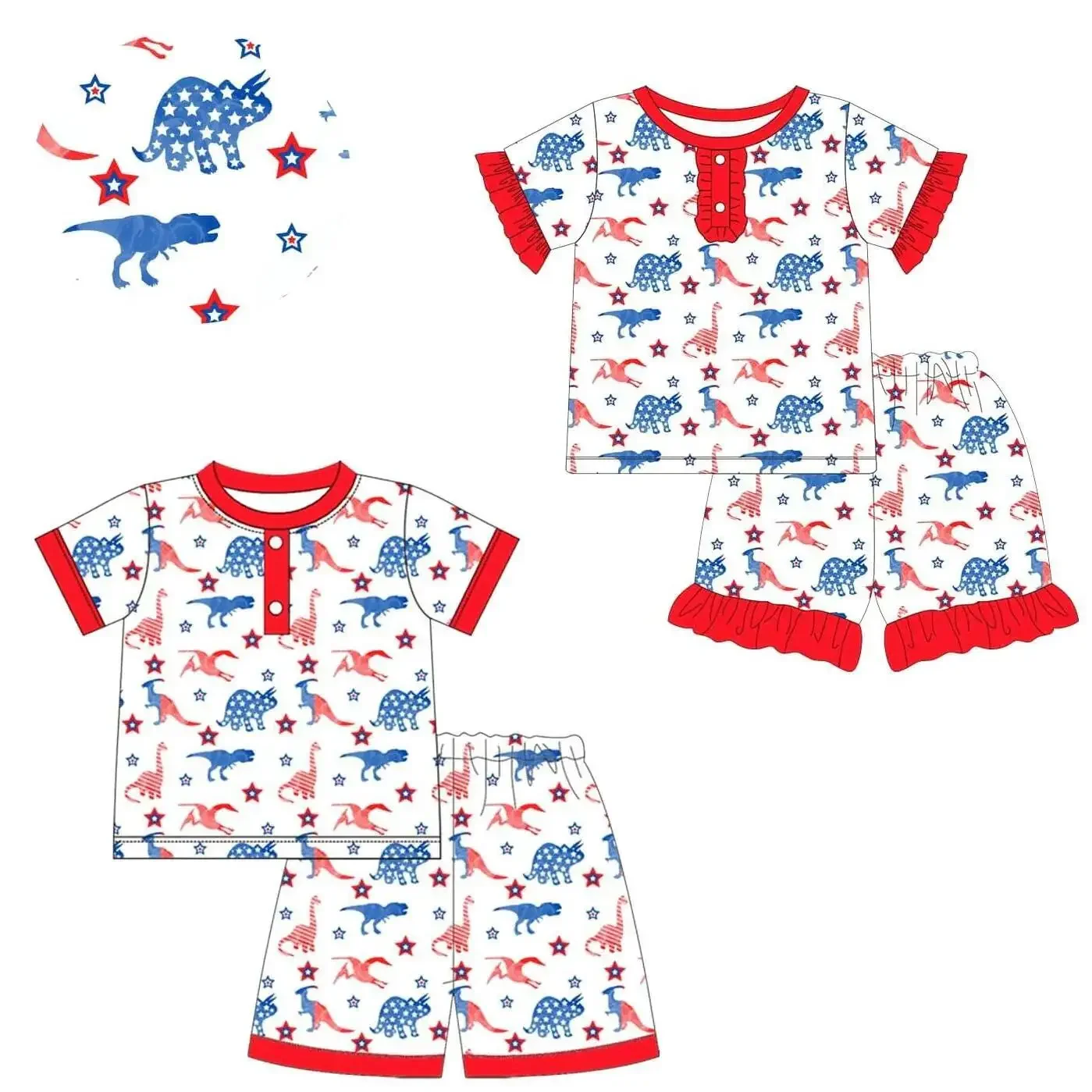 independence day outfit Boys Pajamas Dinosaur Print pentagram element girls short sleeve suit Baby 7.4 matching clothes