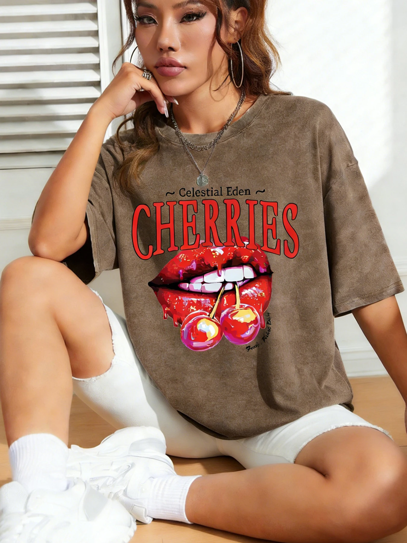 Camiseta de manga corta de algodón usada para mujer, Top informal con estampado de jugo fresco con estampado de cerezas y labios de Aelfric Eden, estilo relajado diario