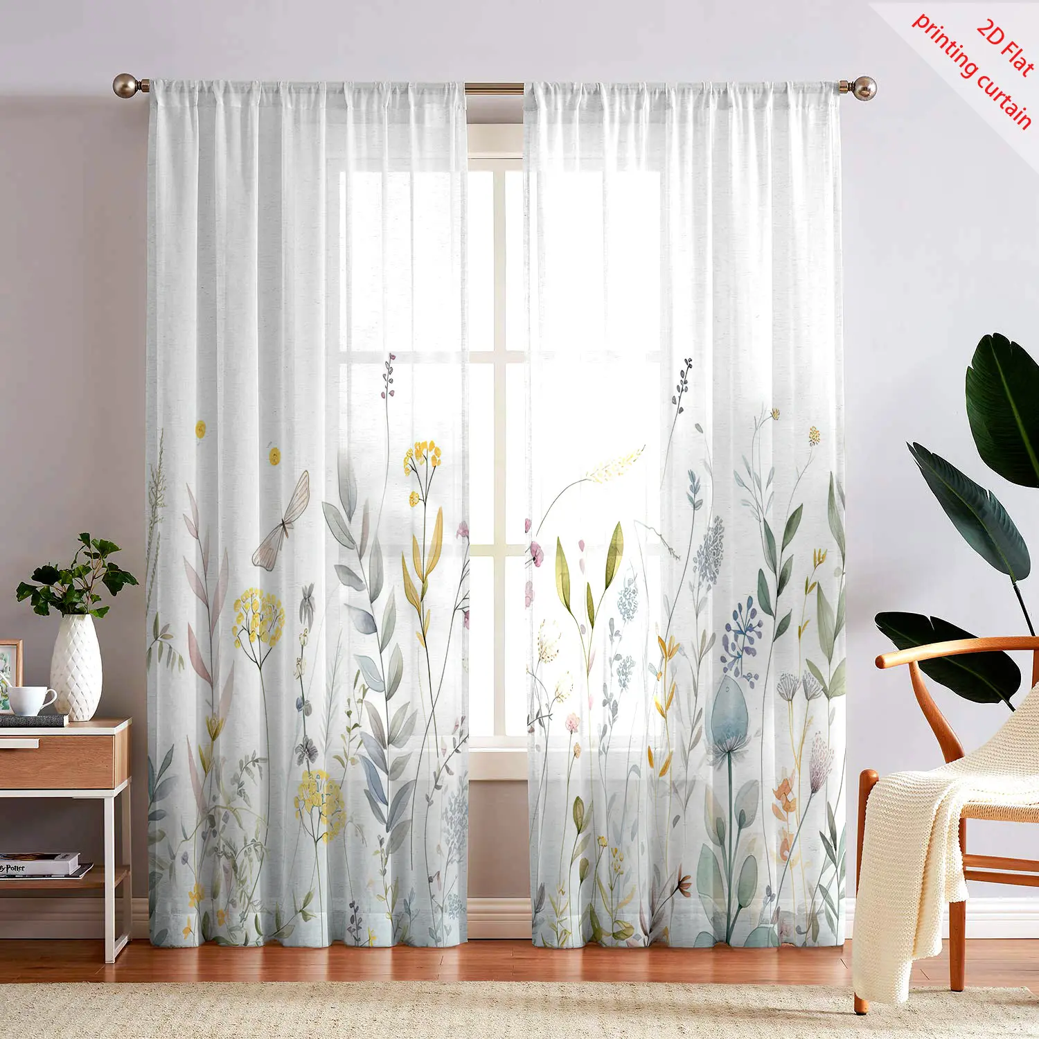 

Nordic plant printed gauze curtains, transparent home curtains, office, dormitory, living room balcony window decorations
