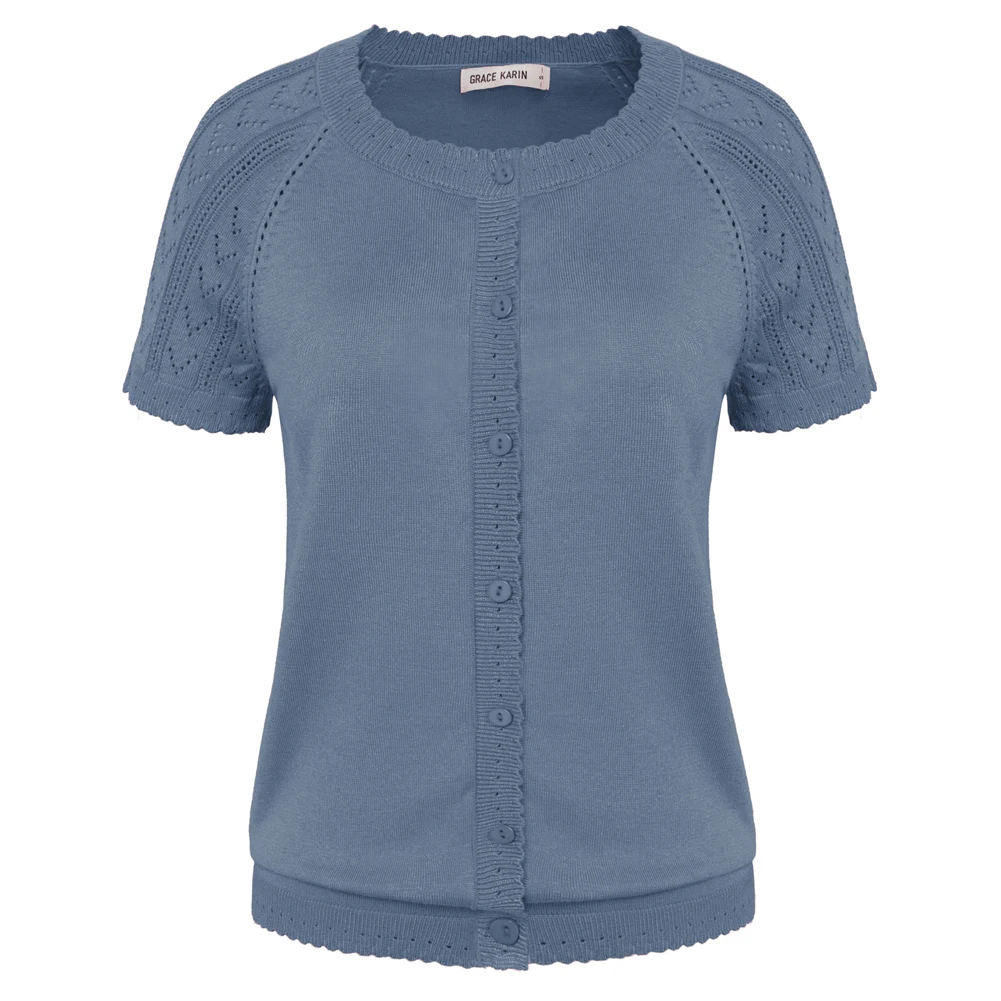 GK Tops de manga raglán para mujer, cárdigan suave de cuello redondo con botones, suéter de ganchillo coreano, blusas de punto para mujer, novedad de verano